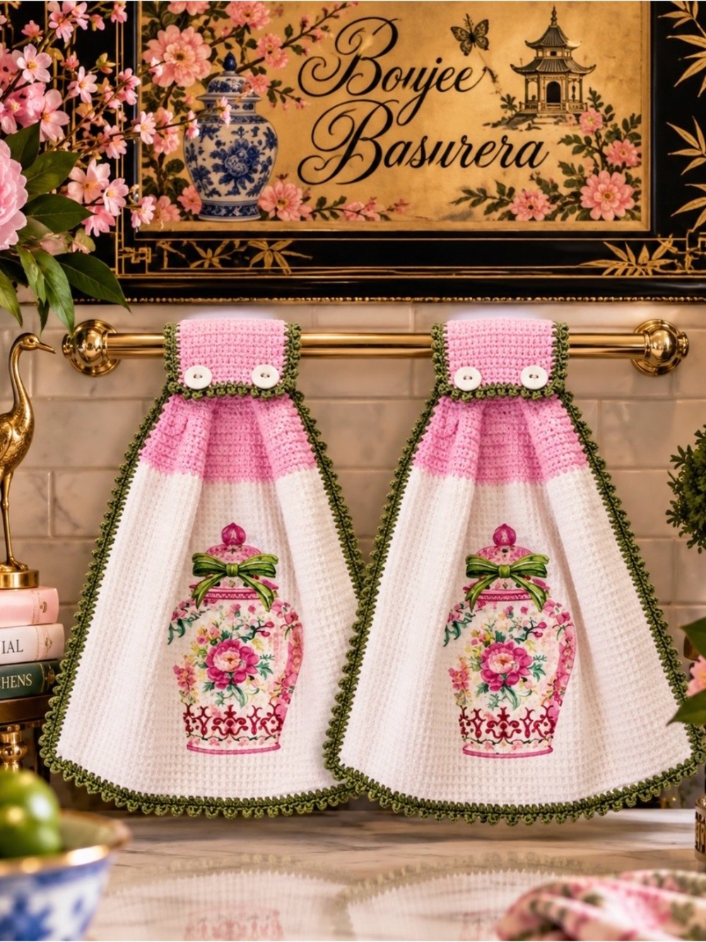 Handmade Crochet Chinoiserie Hanging Kitchen Towels Set of 2